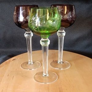 Vintage Bohemian Goblets 2 Amethyst & 1 Green